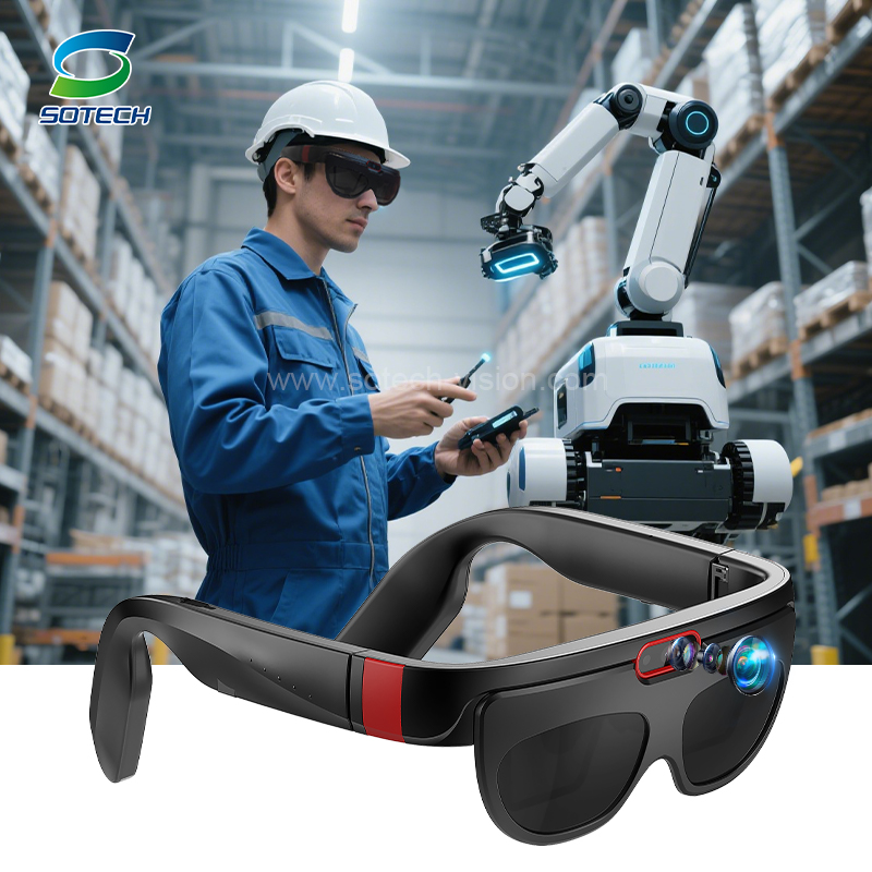 Worker wearing a professional AR device examining factory equipment